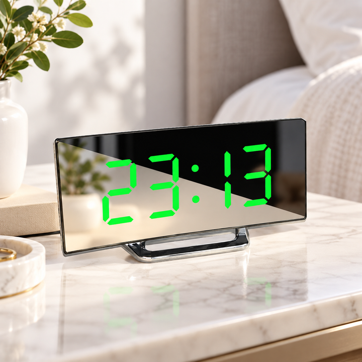 Digital Alarm Clock Curved LED Display Minimalist Bedside Desk Clock