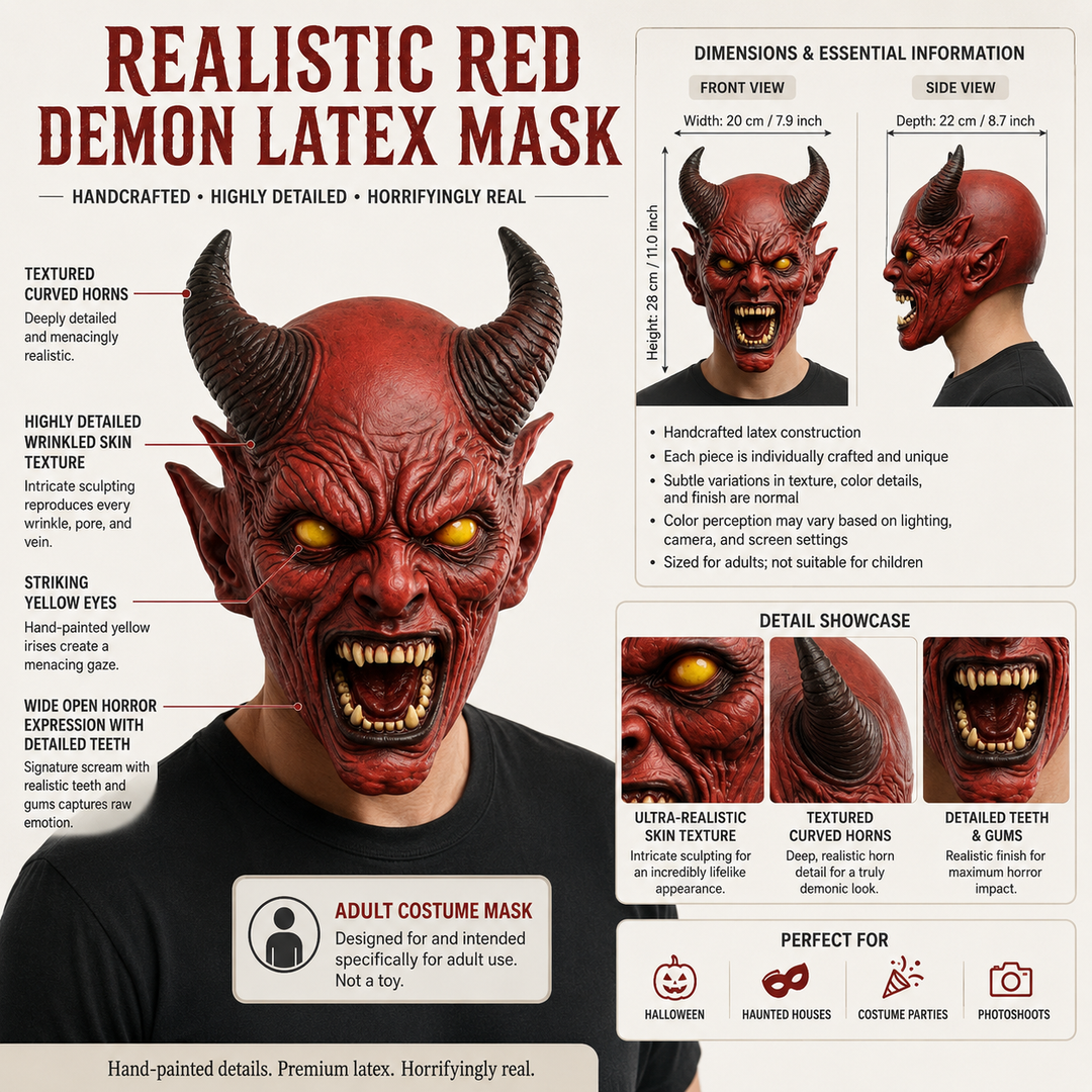 Red Horned Demon Full Head Latex Mask Halloween Scary