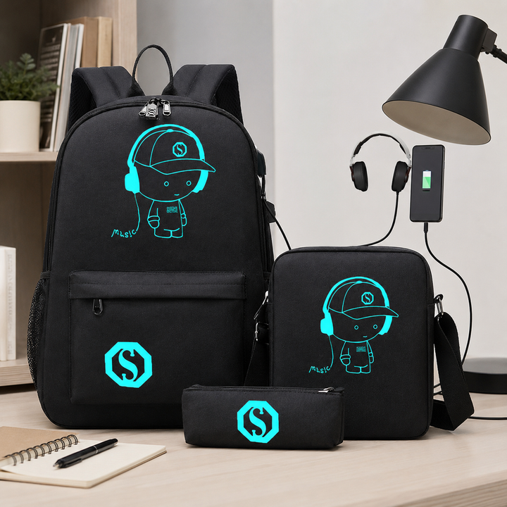 Glow in the Dark Music Boy 3-Piece School Backpack Set with Crossbody Bag and Pencil Case