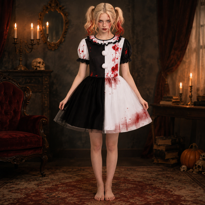 Womens Bloodstained Harlequin Clown Dress Costume Halloween