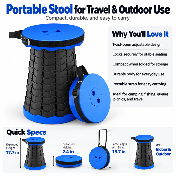 Ultra Compact Foldable Stool Lightweight Adjustable Camping Seat