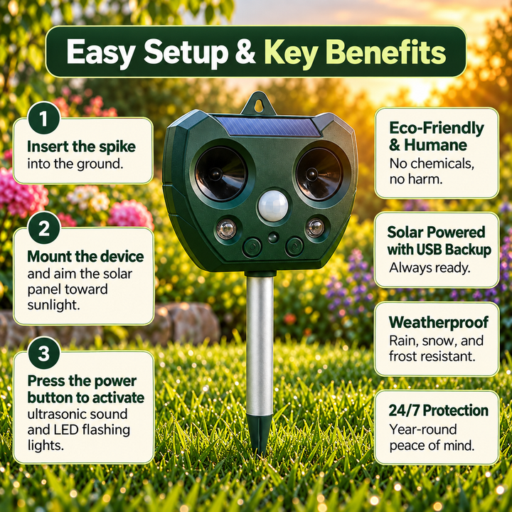 Ultrasonic Bird and Pest Repeller Solar Garden Deterrent