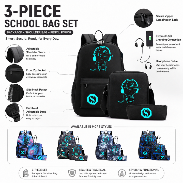 Glow in the Dark Music Boy 3-Piece School Backpack Set with Crossbody Bag and Pencil Case