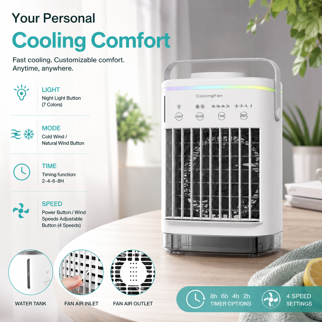 Portable Mini Air Conditioner Fan 4-in-1 USB Air Cooler Humidifier Timer