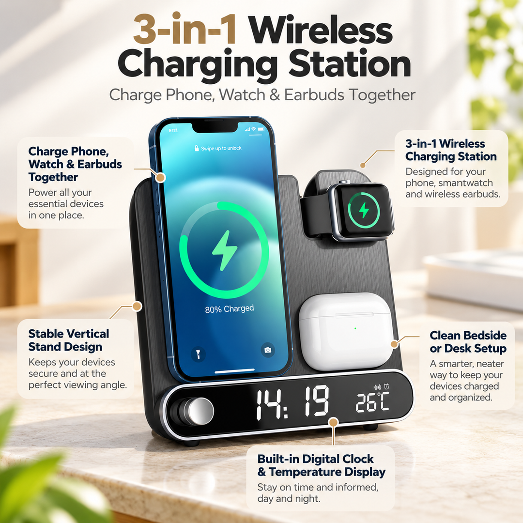 3 in 1 Wireless Charger Alarm Clock Fast Charging Station Phone