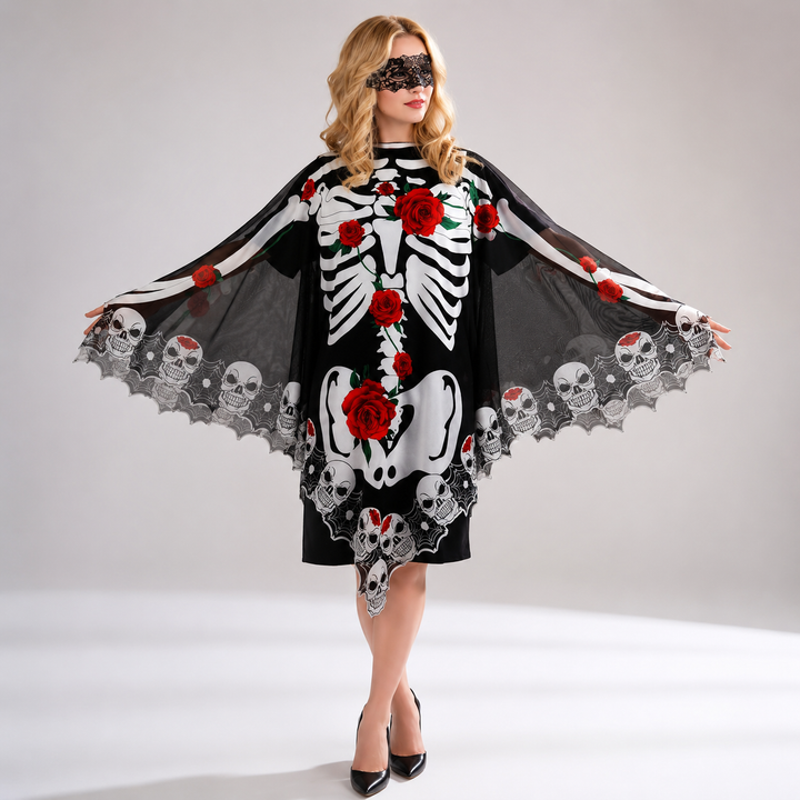 Womens Lace Skeleton Cloak Cape Witch Costume Halloween