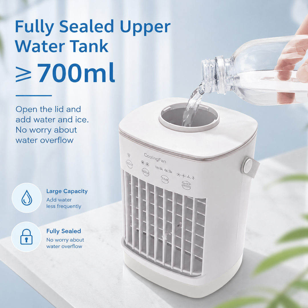 Portable Air Conditioner Table Fan Humidifier with 700ml Tank USB Timer RGB Light