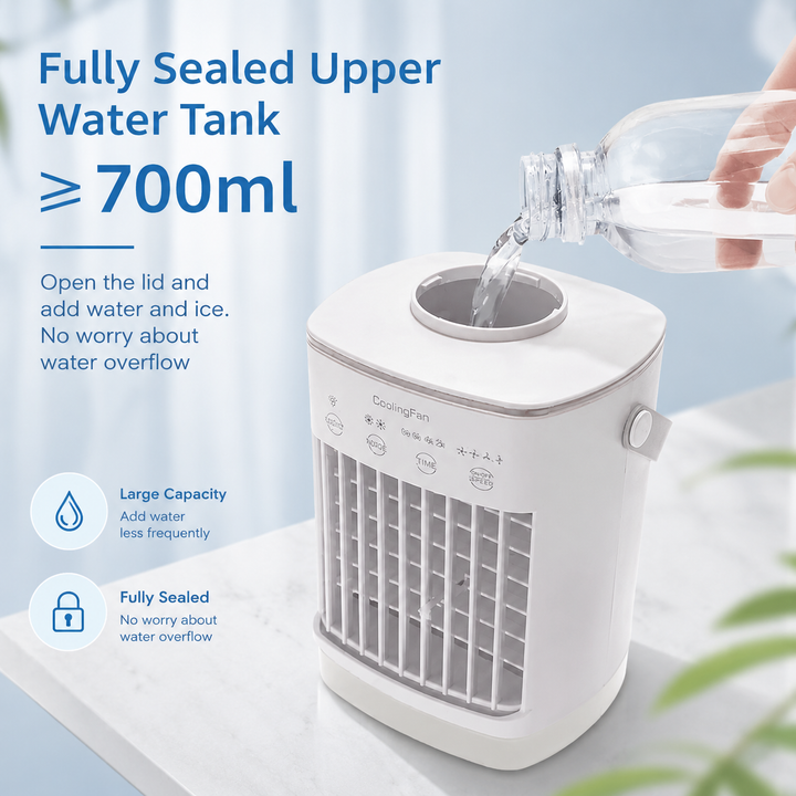 Portable Air Conditioner Table Fan Humidifier with 700ml Tank USB Timer RGB Light