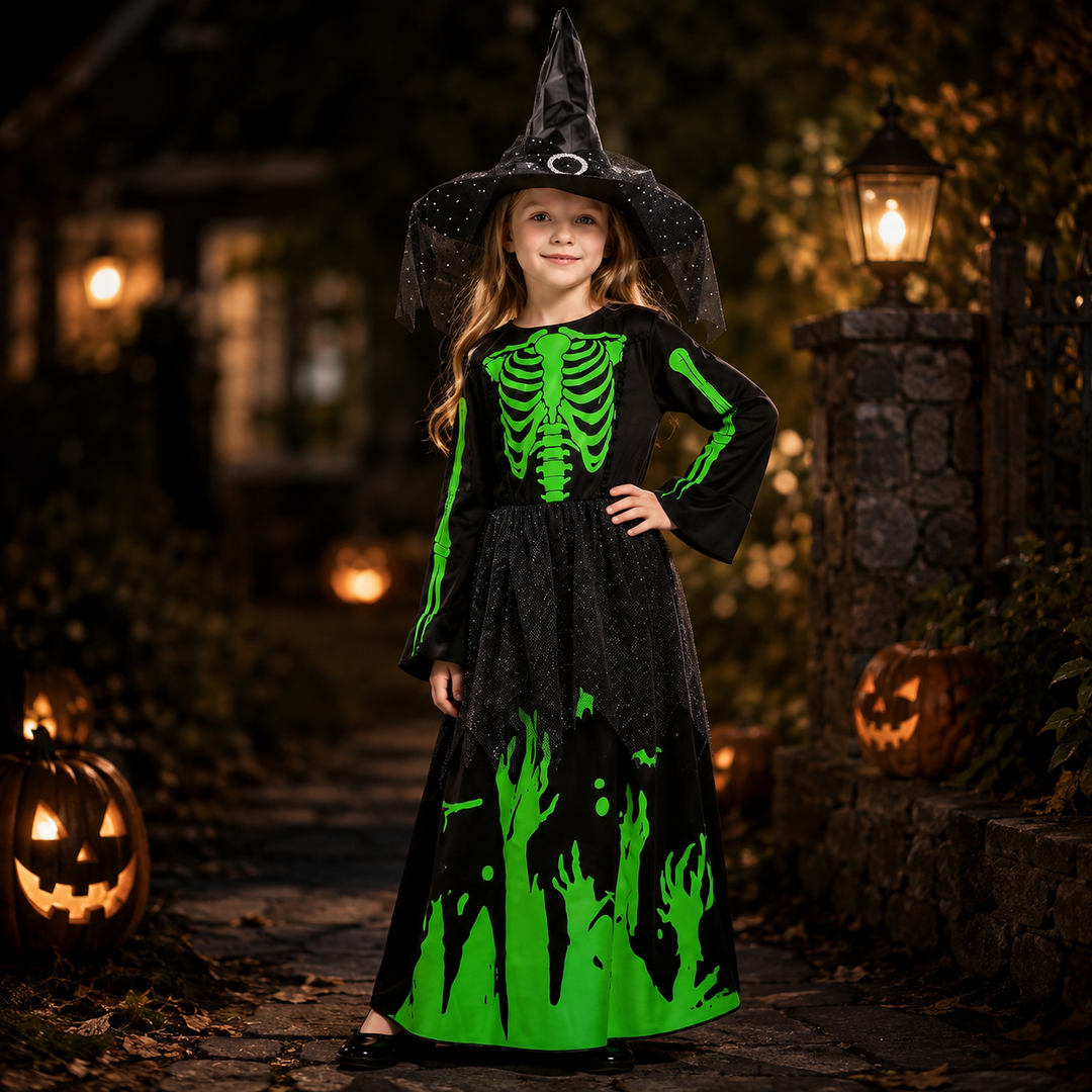 Kids Glow in the Dark Witch Skeleton Dress Costume