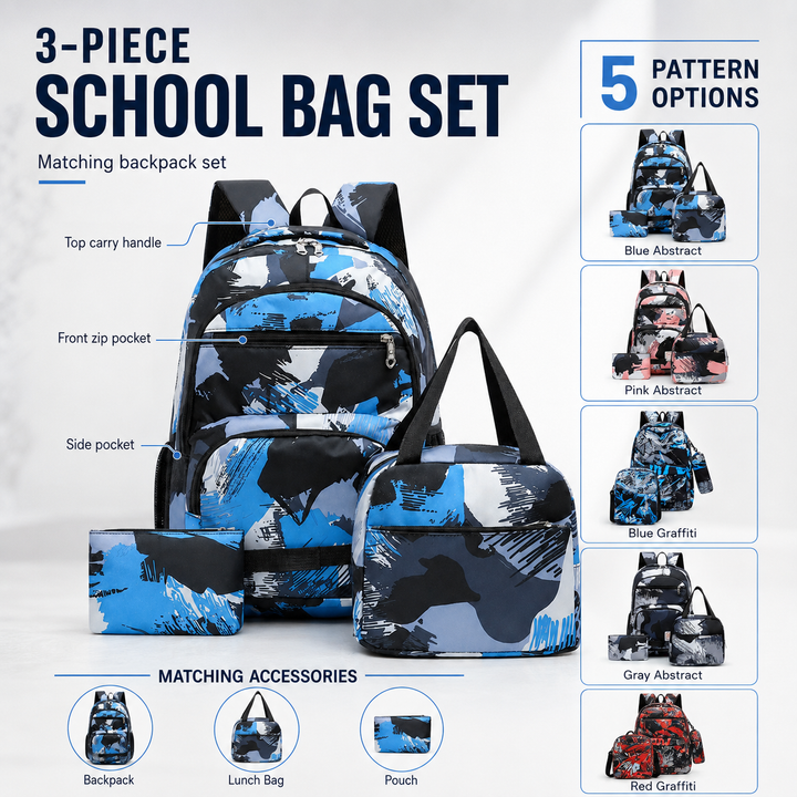 Kids 3-Piece Waterproof School Backpack Set with Lunch Bag &amp; Pencil Case
