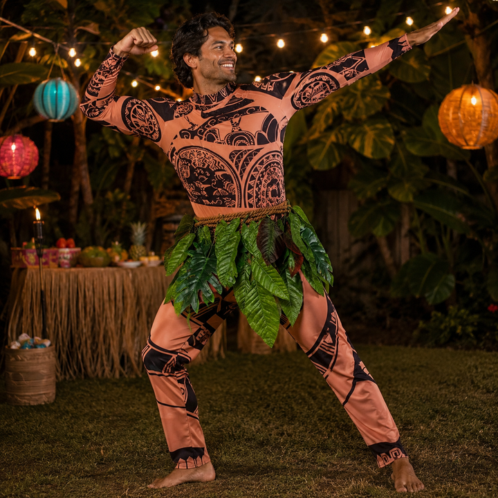 Maui Costume with Tattoo Print and Leaf Skirt Halloween