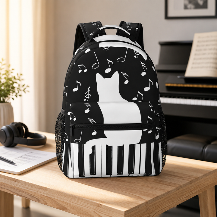 Unisex Funny Cat Piano Print School Laptop Backpack