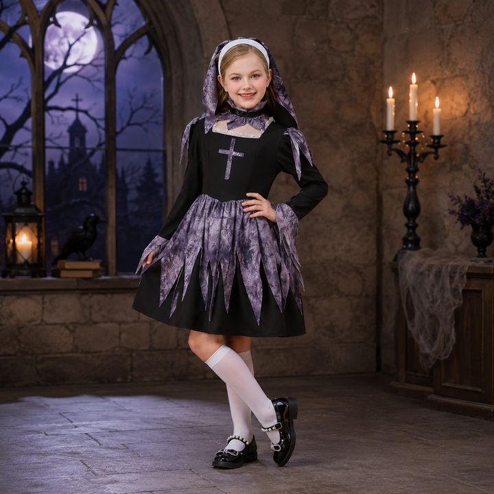 Kids Nun Costume Gothic Cross Dress Headscarf Halloween