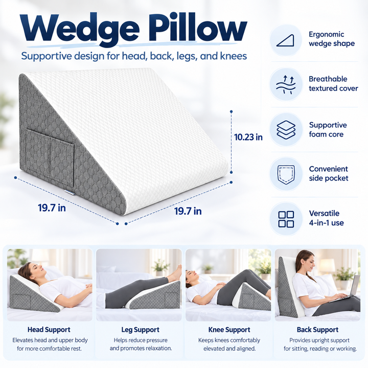 Wedge Pillow for Acid Reflux Memory Foam Bed Support Cushion