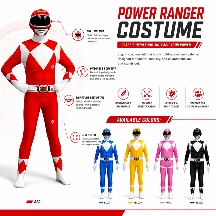 Power Rangers Bodysuit Costume with Helmet Halloween Kids