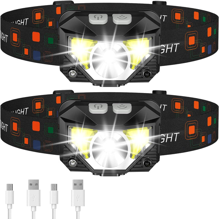 LED Rechargeable Headlamp Flashlight 2 Pack Waterproof Motion Sensor