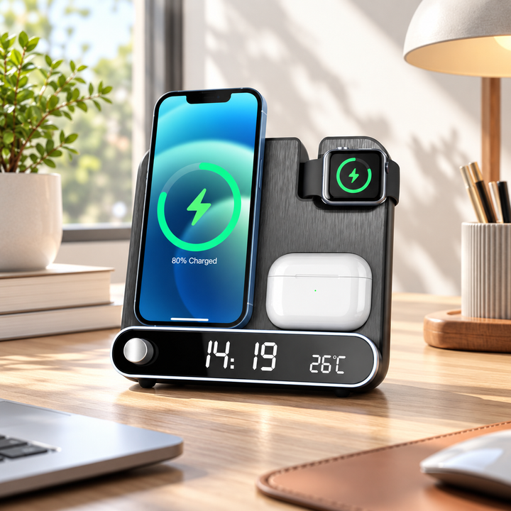 3 in 1 Wireless Charger Alarm Clock Fast Charging Station Phone