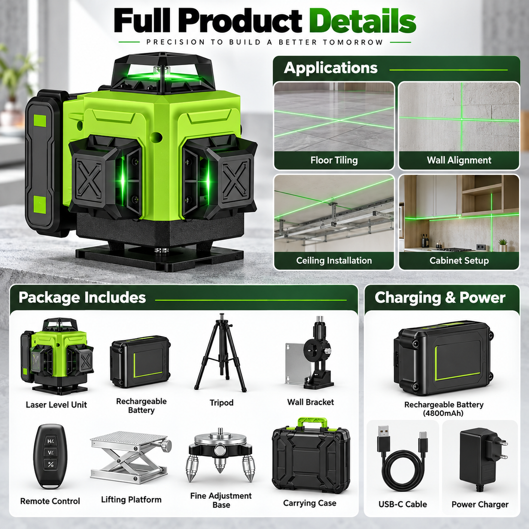 16 Line 4D Laser Level Self Levelling Green Beam for DIY and Building