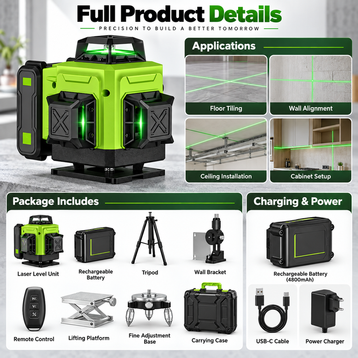 16 Line 4D Laser Level Self Levelling Green Beam for DIY and Building