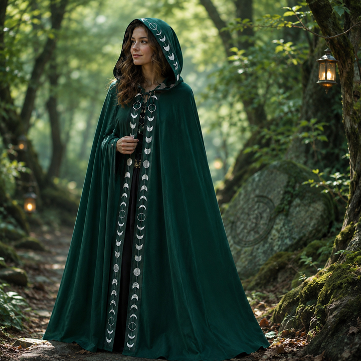 Womens Moon Phase Velvet Hooded Cloak Witch Costume