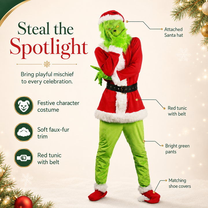 Grinch Mask and Santa Suit Costume Kids Adults Christmas