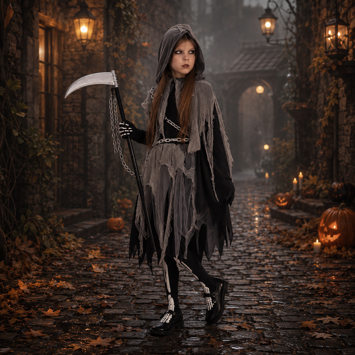 Girls Skull Reaper Bone Print Costume Dress Halloween