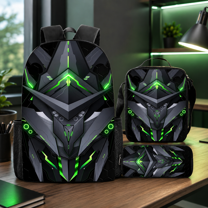 Mechanical Style 3D Print School Backpack 3Pcs Set Student Laptop Crossbody