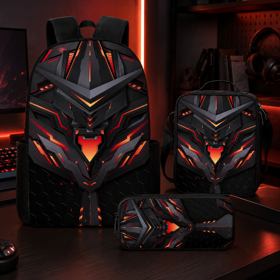Mechanical Style 3D Print School Backpack 3Pcs Set Student Laptop Crossbody