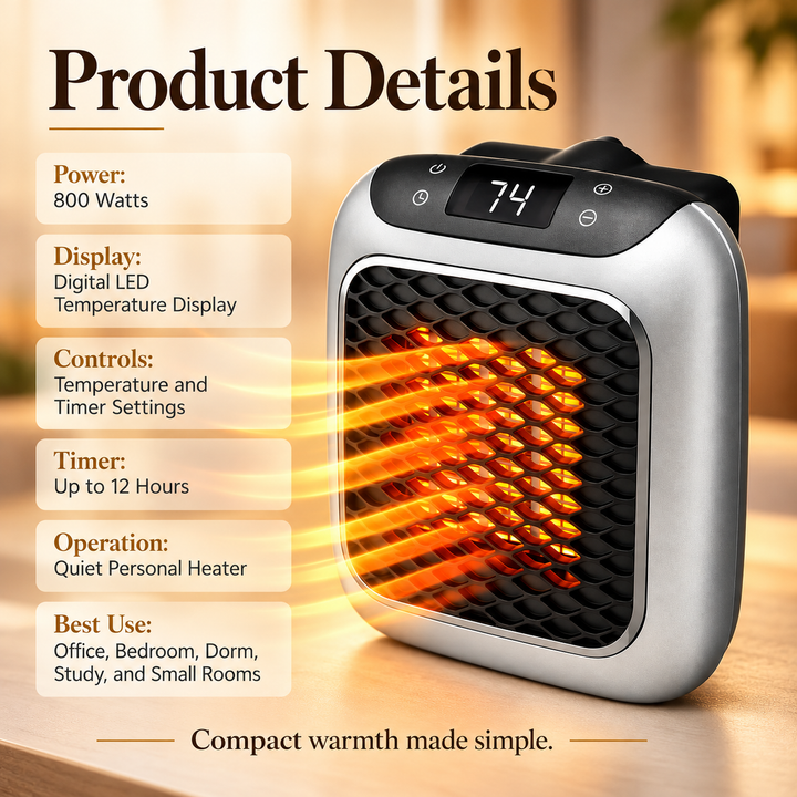 Mini Electric Heater 800W Portable Ceramic Space Heater Remote Timer