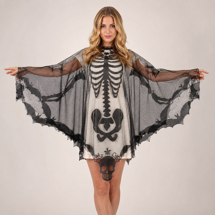 Womens Lace Skeleton Cloak Cape Witch Costume Halloween