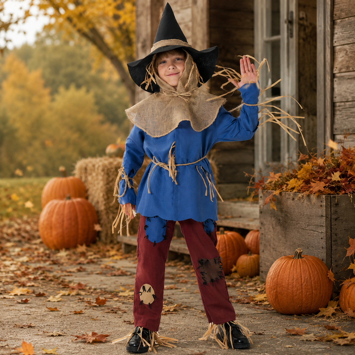 Kids Scarecrow Costume with Hat and Burlap Collar Halloween