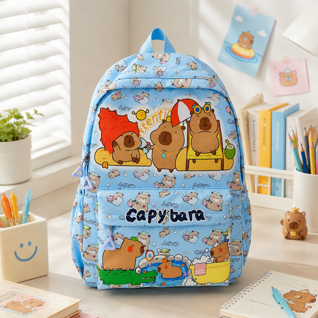Kawaii Capybara School Backpack Large Capacity Nylon College Student Girls Cartoon