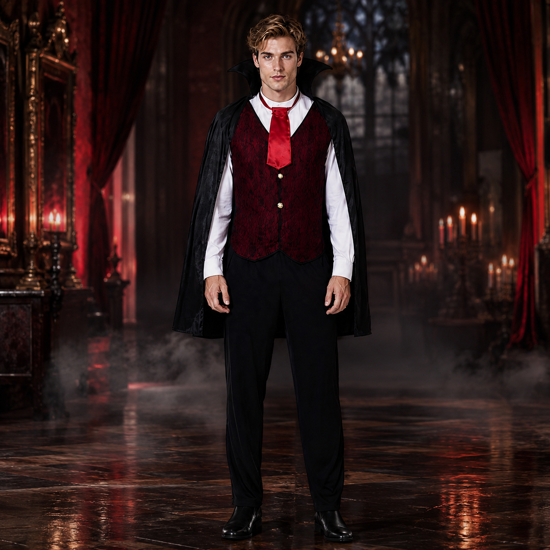 Mens Vampire Cape Costume with Vest and Collar Halloween