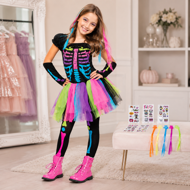 Girls Skeleton Tutu Dress Costume Colourful Halloween