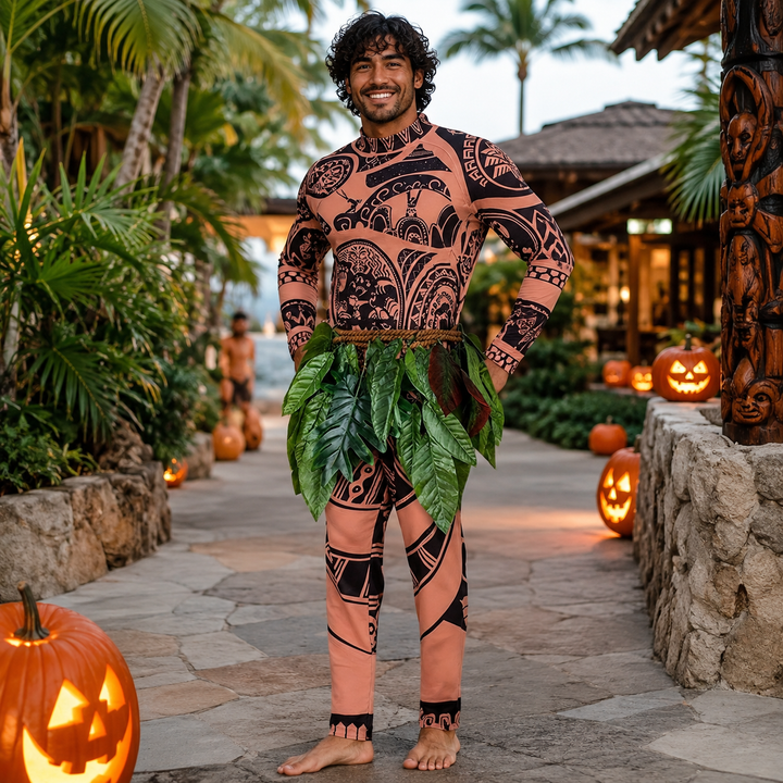 Maui Costume with Tattoo Print and Leaf Skirt Halloween