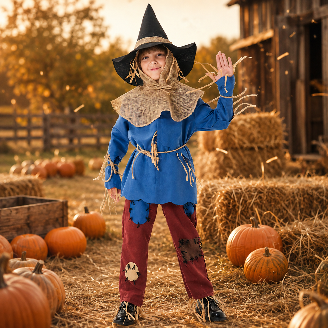 Kids Scarecrow Costume with Hat and Burlap Collar Halloween