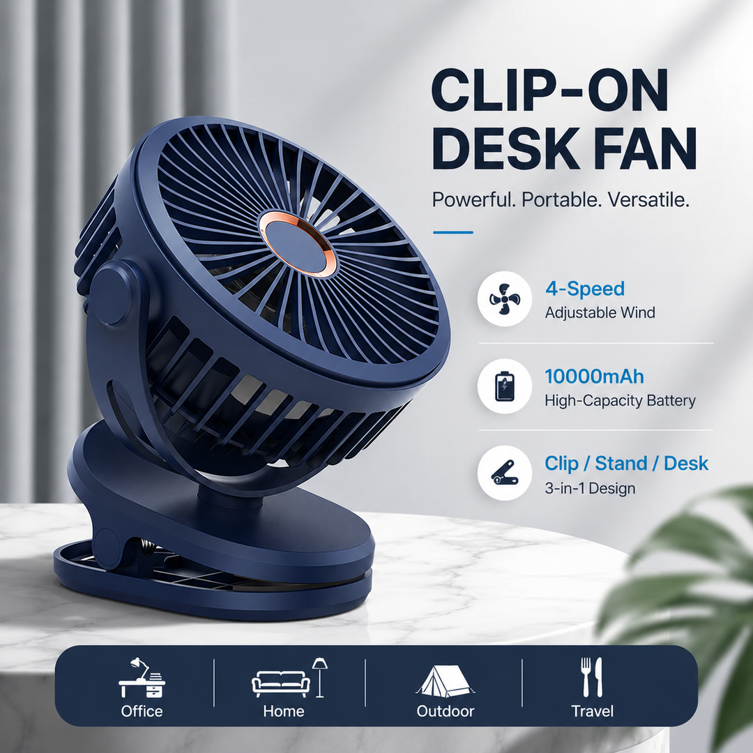 Rechargeable Clip On Portable Desk Fan 4 Speed Quiet 10000mAh Battery