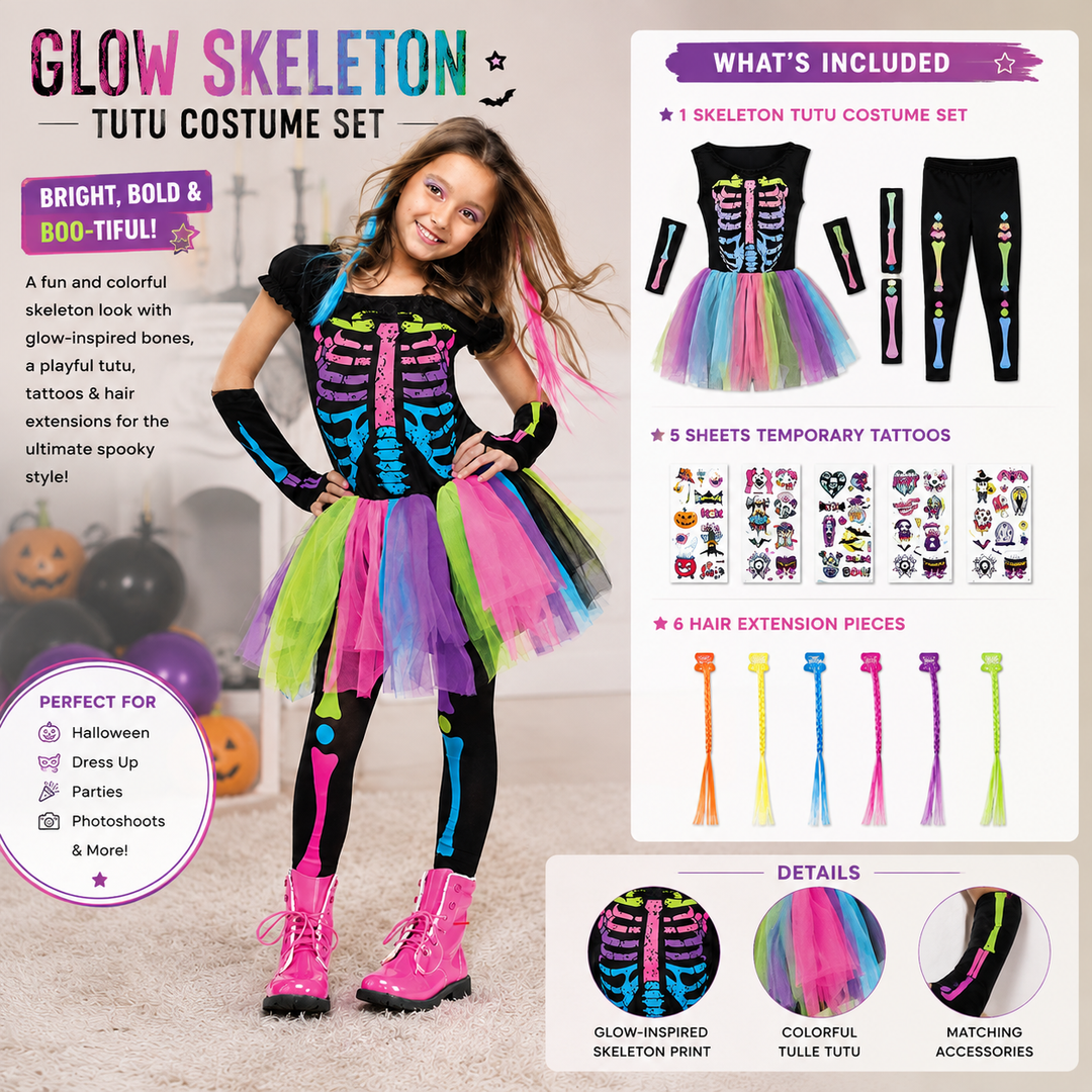 Girls Skeleton Tutu Dress Costume Colourful Halloween