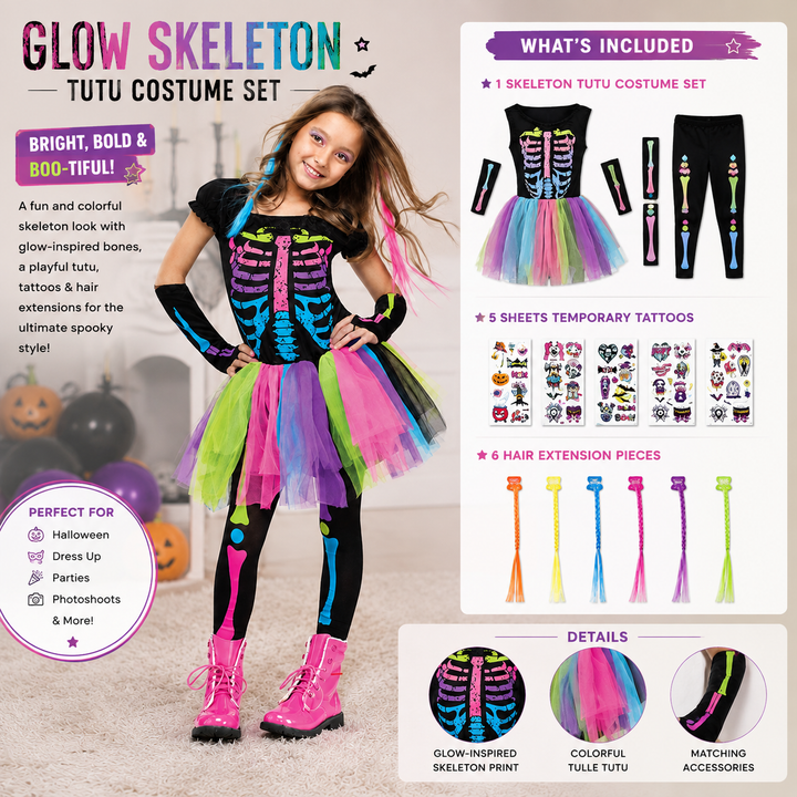 Girls Skeleton Tutu Dress Costume Colourful Halloween