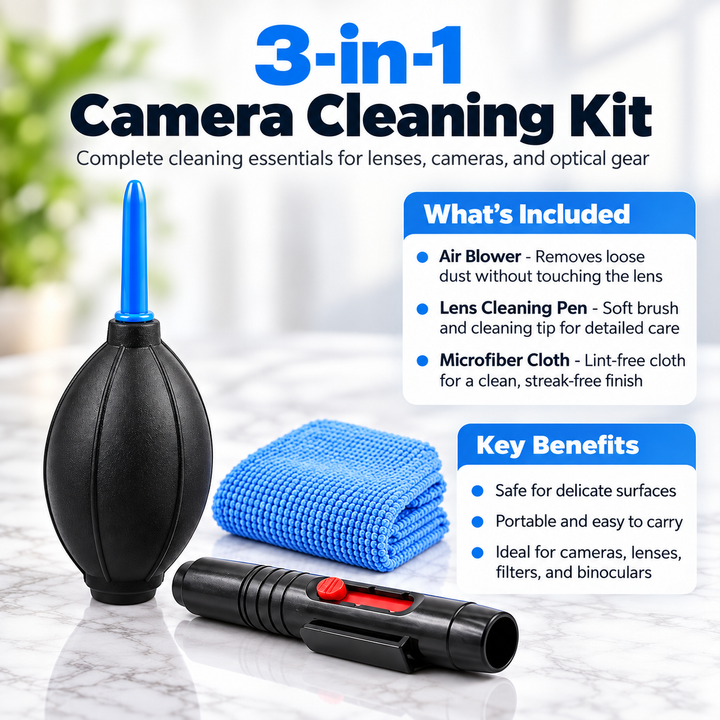 3-in-1 Camera Lens Cleaning Kit Blower Brush Pen and Cloth