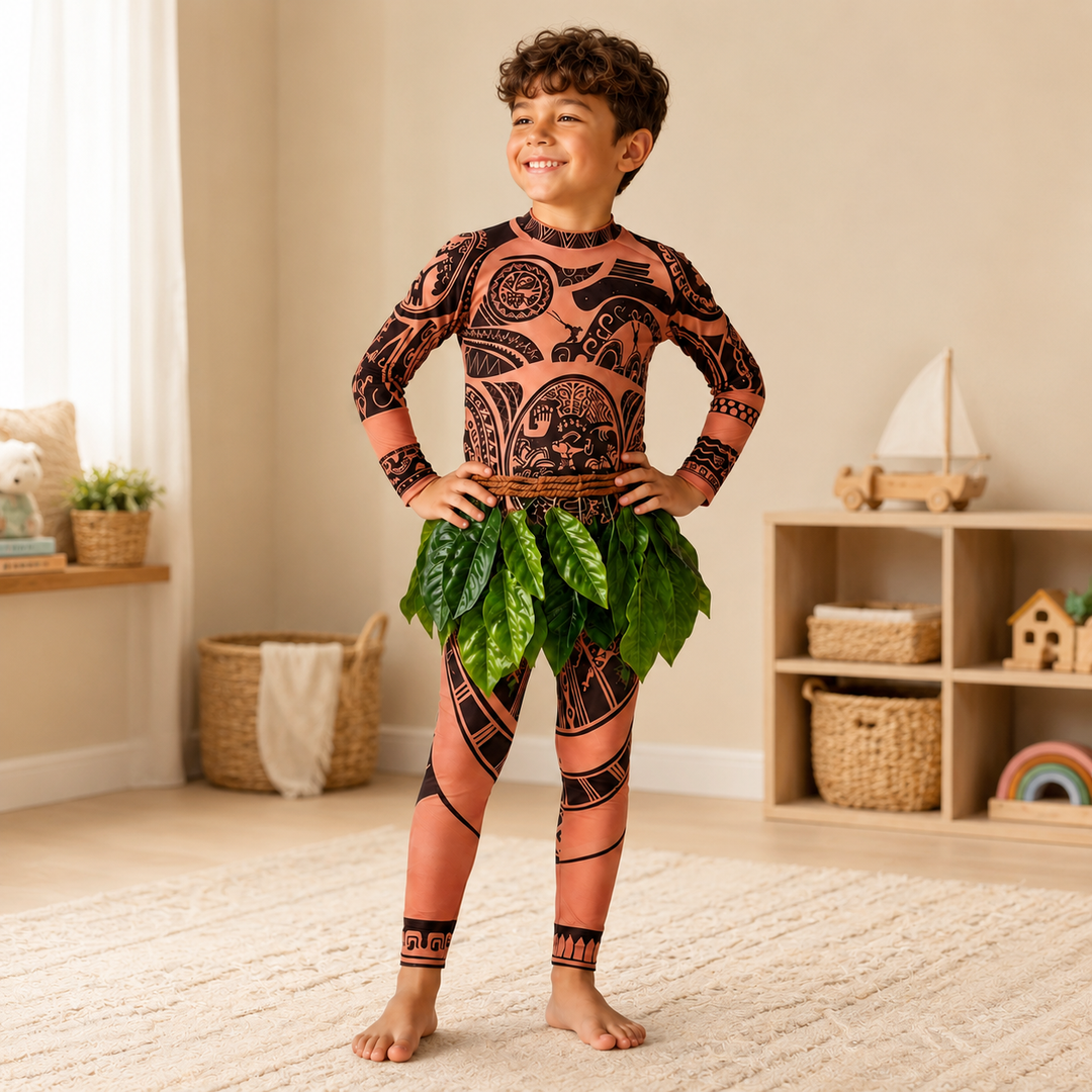 Maui Costume with Tattoo Print and Leaf Skirt Halloween