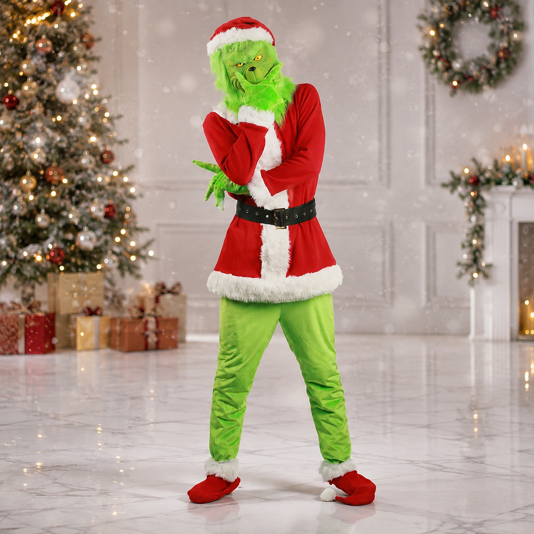 Grinch Mask and Santa Suit Costume Kids Adults Christmas