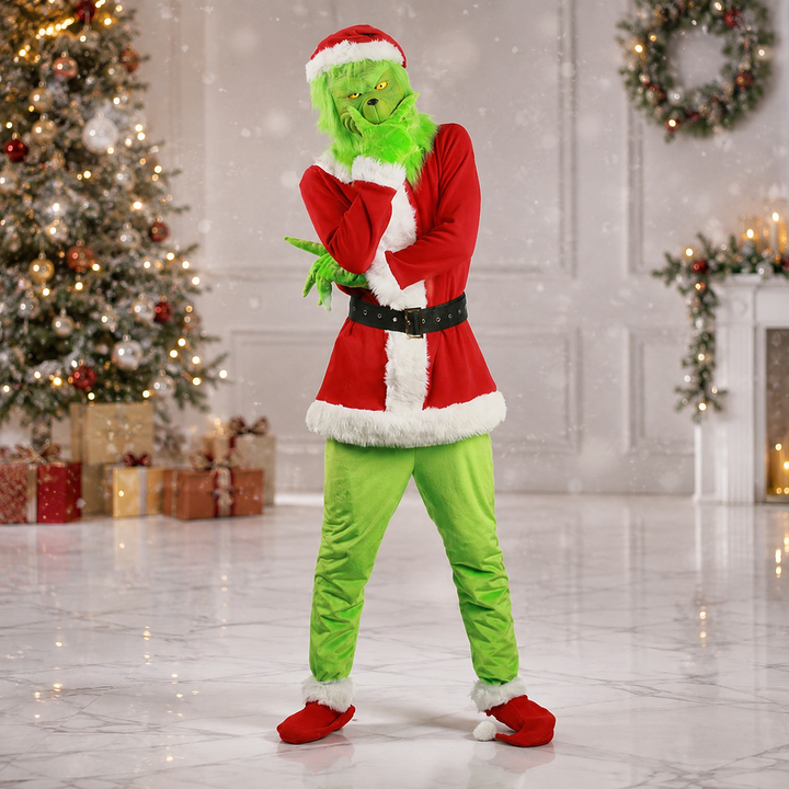 Grinch Mask and Santa Suit Costume Kids Adults Christmas