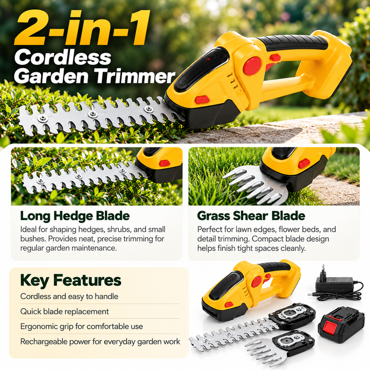 Cordless 2-in-1 Hedge and Shrub Trimmer Lightweight Garden Tool