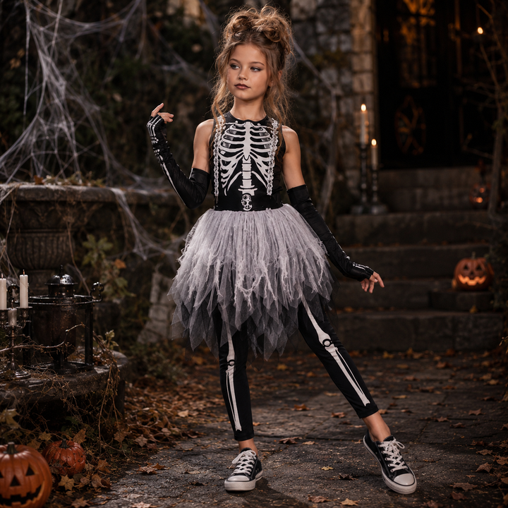 Girls Skull Reaper Bone Print Costume Dress Halloween
