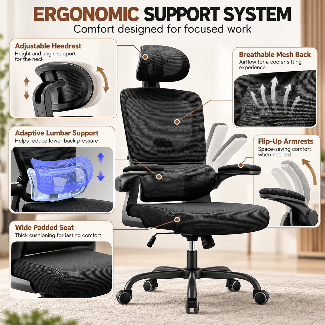 Ergonomic Office Chair with Lumbar Support Adjustable Headrest
