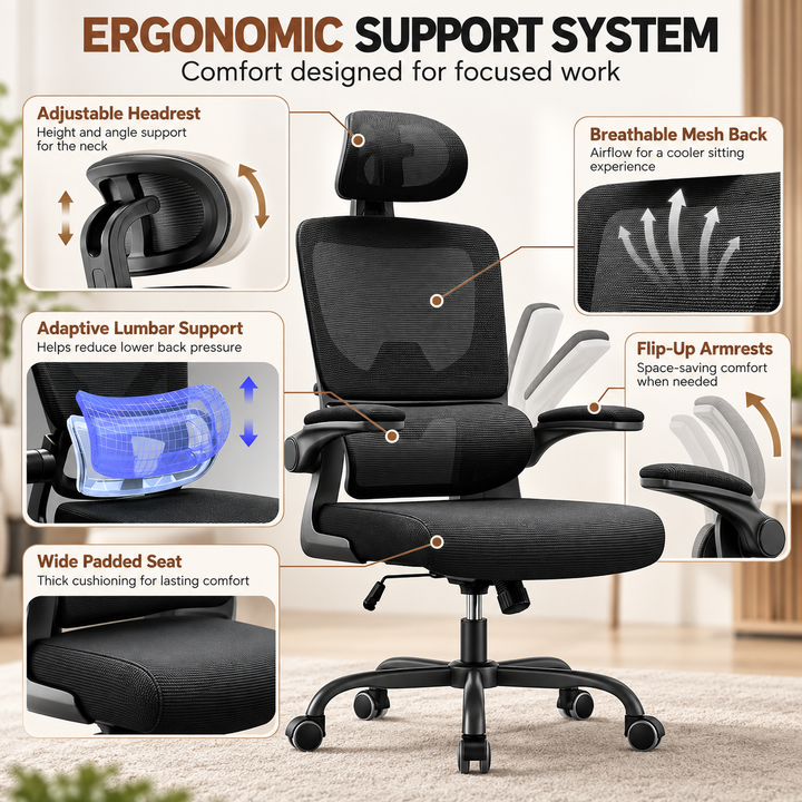 Ergonomic Office Chair with Lumbar Support Adjustable Headrest