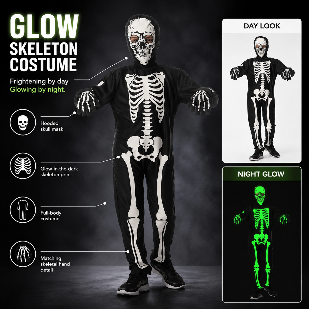 Glow in the Dark Skeleton Costume Halloween Adults Kids