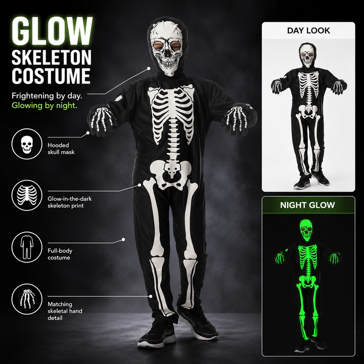 Glow in the Dark Skeleton Costume Halloween Adults Kids