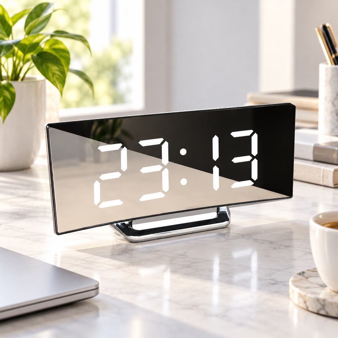 Digital Alarm Clock Curved LED Display Minimalist Bedside Desk Clock